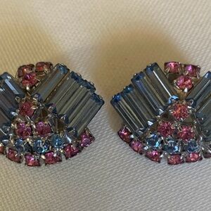 Vintage  Blue and Pink Crystal Clip on Earrings